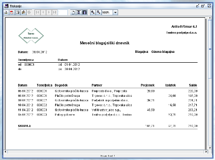 Mesečni blagajniški dnevnik - izpis.