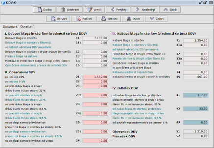 Obračun DDV - ekranska slika