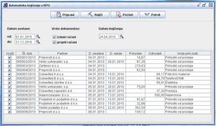 Avtomatsko knjiženje v knjigo prihodkov in odhodkov - ekranska slika.