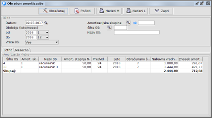 Obračun amortizacije - ekranska slika