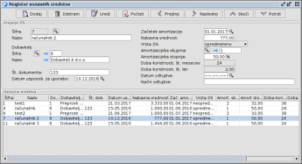 Register osnovnih sredstev - ekranska slika