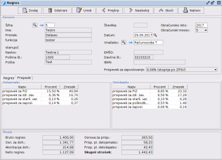 Regres - obračun prispevkov - ekranska slika