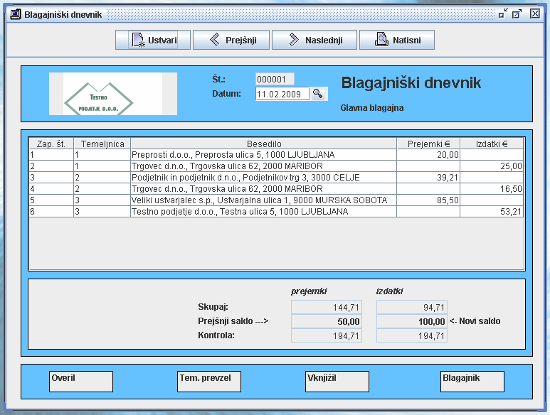 Gotovinska blagajna (blagajniški dnevnik) | ArtSoft Firmar