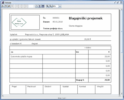 Blagajniški prejemek - izpis.