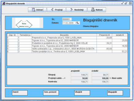 Blagajniški dnevnik - ekranska slika.