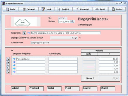 Blagajniški izdatek - ekranska slika.