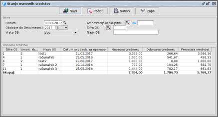 Stanje osnovnih sredstev - ekranska slika