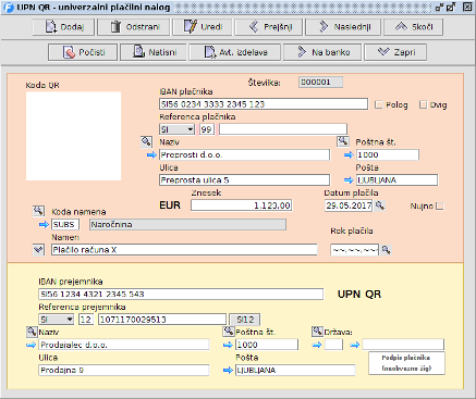 Vnos podatkov na UPN QR plačilni nalog - ekranska slika.