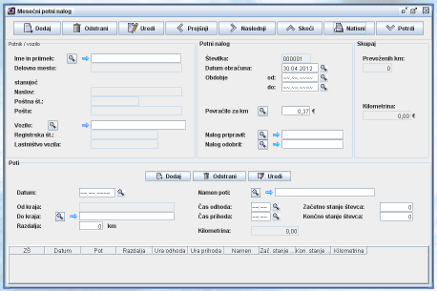 Mesečni potni nalog - ekranska slika.