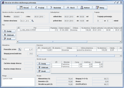 Obračun potnih stroškov - ekranska slika