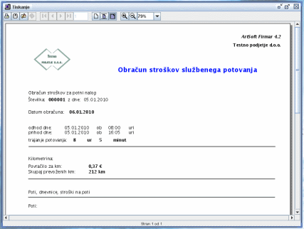 Potni nalog, obračun potnih stroškov - izpis 1/2.