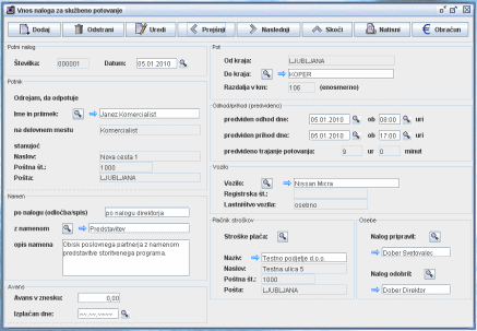 Vnos potnega naloga - ekranska slika