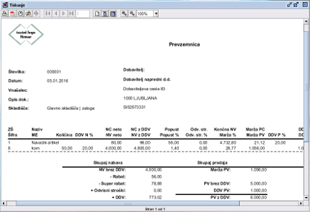 Prevzemnica - predogled tiskanja
